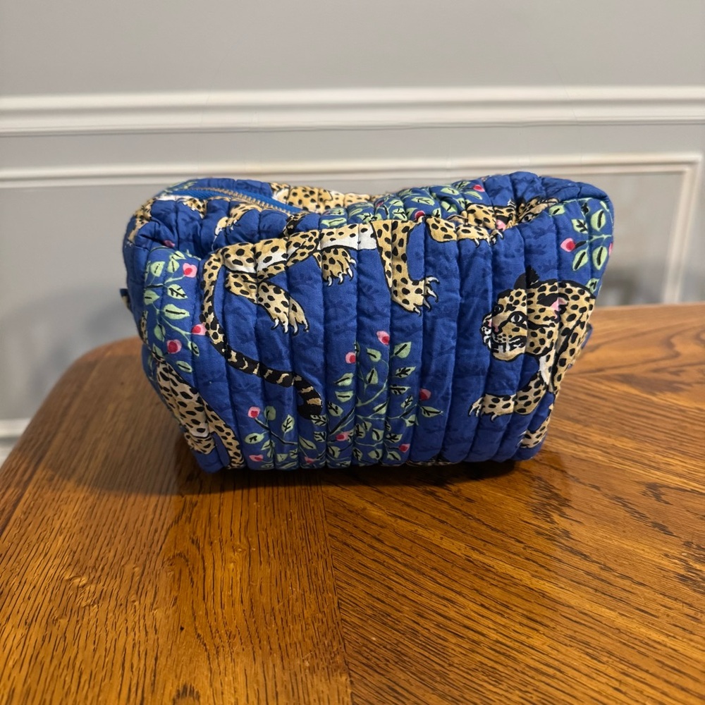 Blue Quilted Cosmetic Bag with Leopard Print NWOT